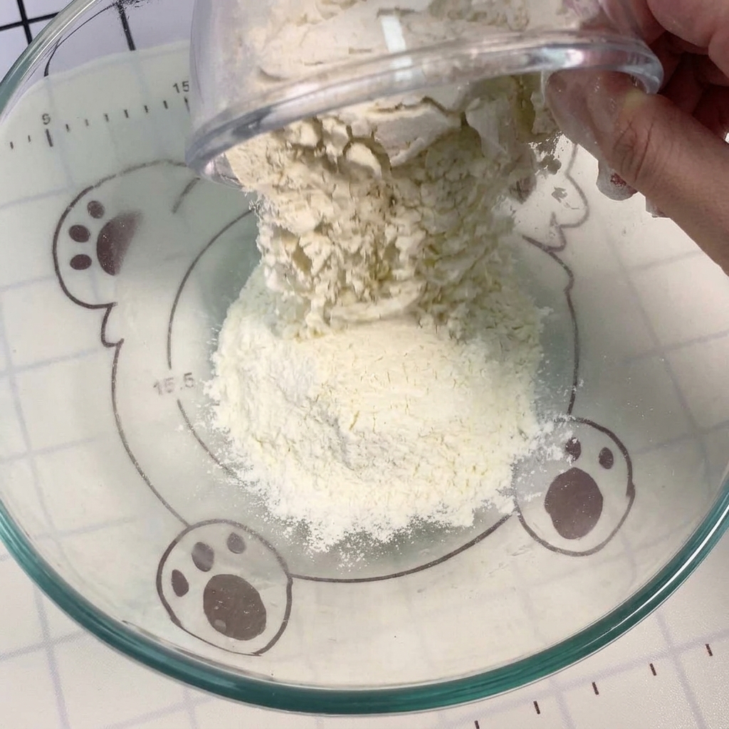Pouring dry yeast from a small container onto a mound of white flour inside a clear glass bowl.