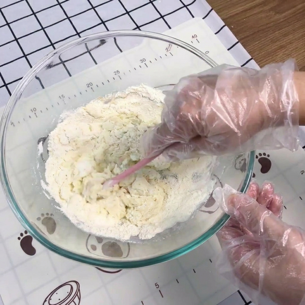 Gloved hands using a pink spatula to stir flour and yeast together in a glass mixing bowl.