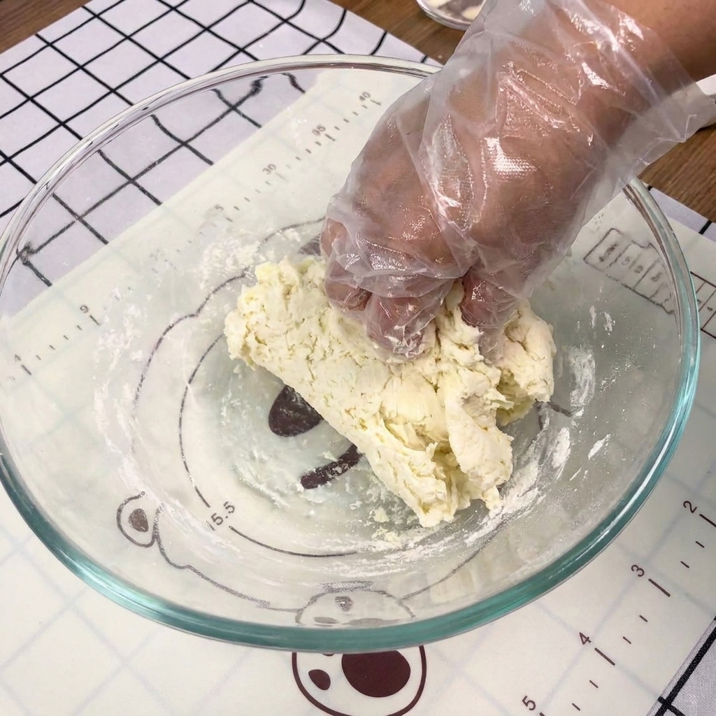 A hand wearing a clear plastic glove pressing and kneading a textured ball of dough inside a glass mixing bowl.