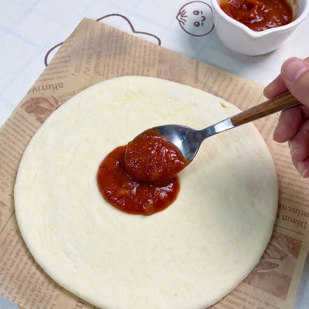 A metal spoon spreading a thick layer of red pizza sauce over a perfectly round, flattened pizza dough on parchment paper.
