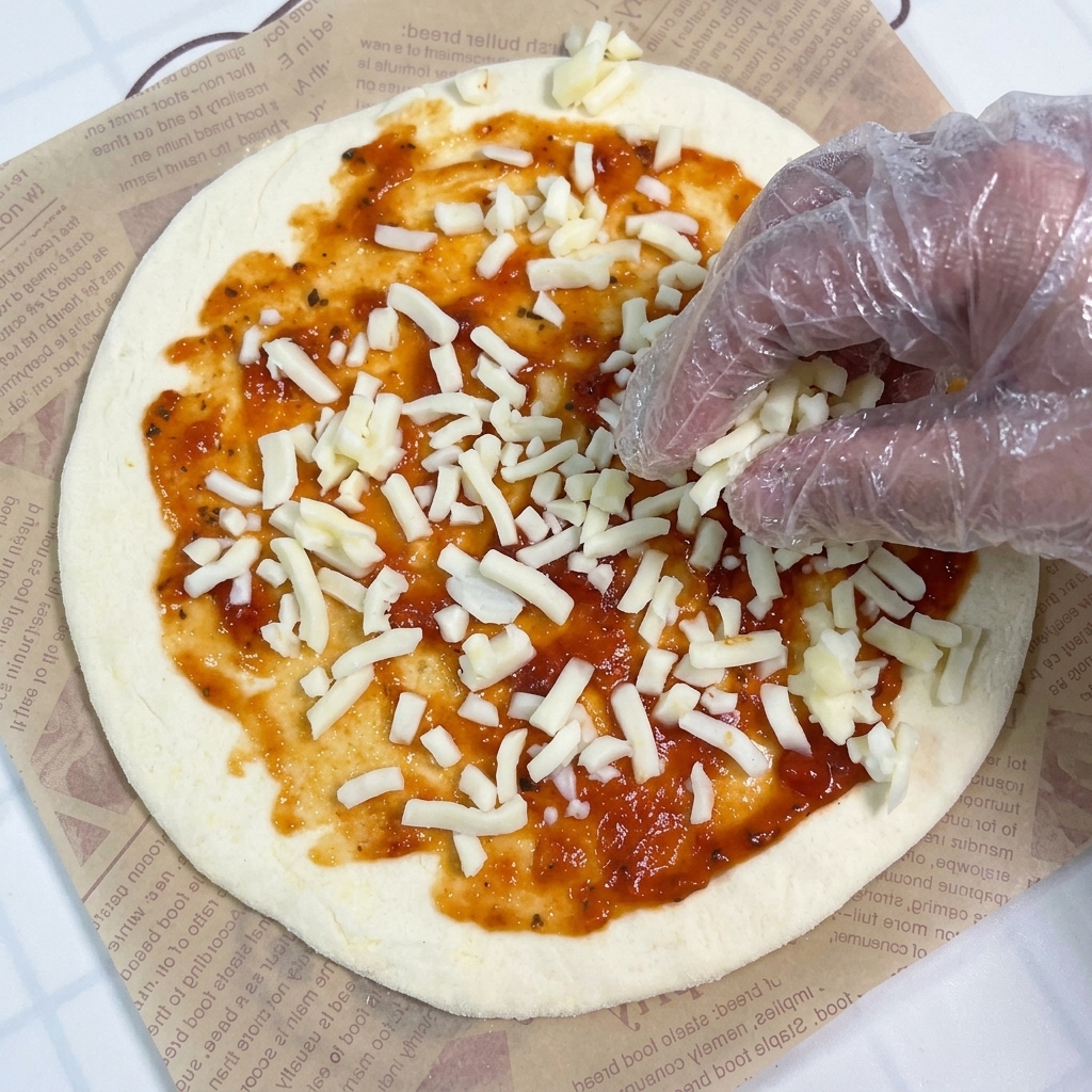 A gloved hand sprinkling shredded mozzarella cheese onto a pizza base that has been coated with red tomato sauce.