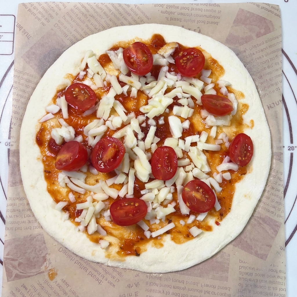A round pizza base topped with red sauce, shredded white cheese, and neatly arranged cherry tomato halves.