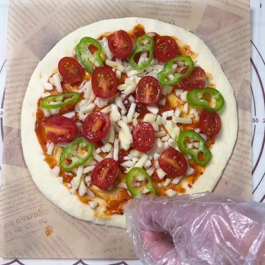 A gloved hand dropping green bell pepper rings onto a pizza that is already topped with cheese and cherry tomatoes.