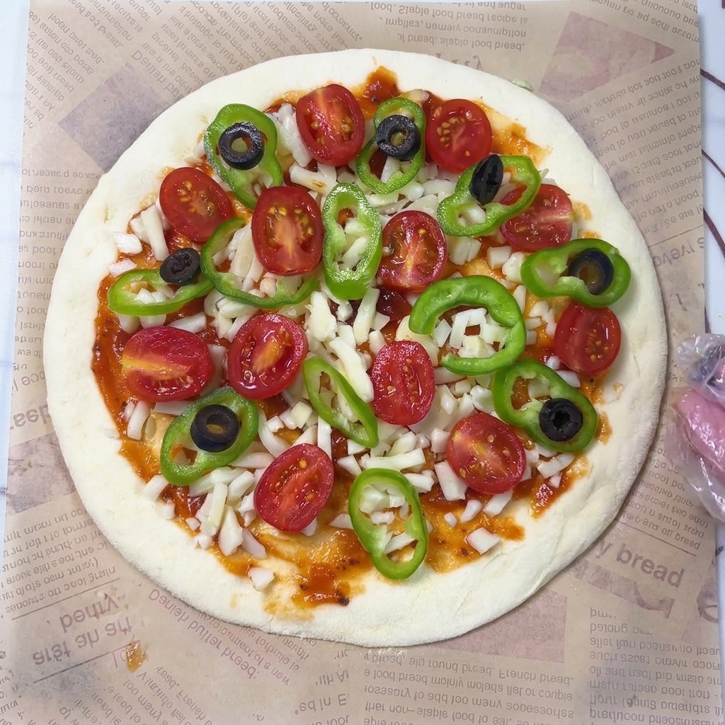 A raw pizza dough fully loaded with sauce, cheese, cherry tomatoes, green bell peppers, and sliced black olives.
