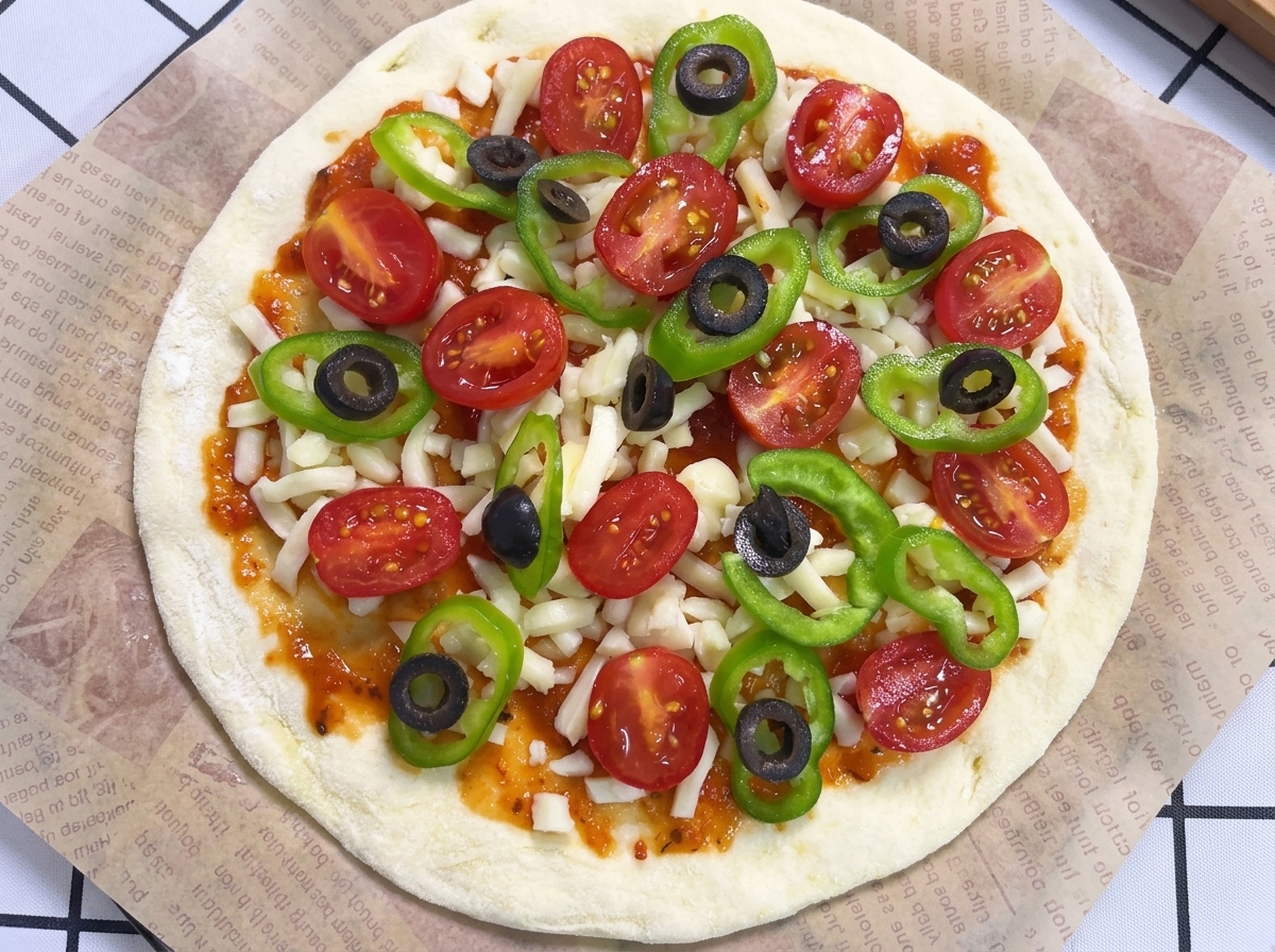A top-down view of an uncooked pizza topped with tomato sauce, mozzarella cheese, halved cherry tomatoes, green bell pepper rings, and sliced black olives resting on printed parchment paper.
