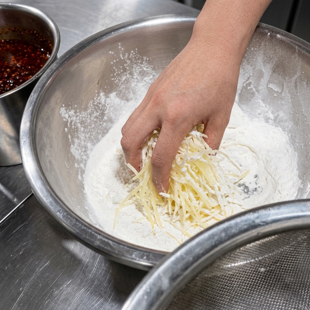 A hand tossing wet julienned potatoes in a metal mixing bowl filled with white flour.