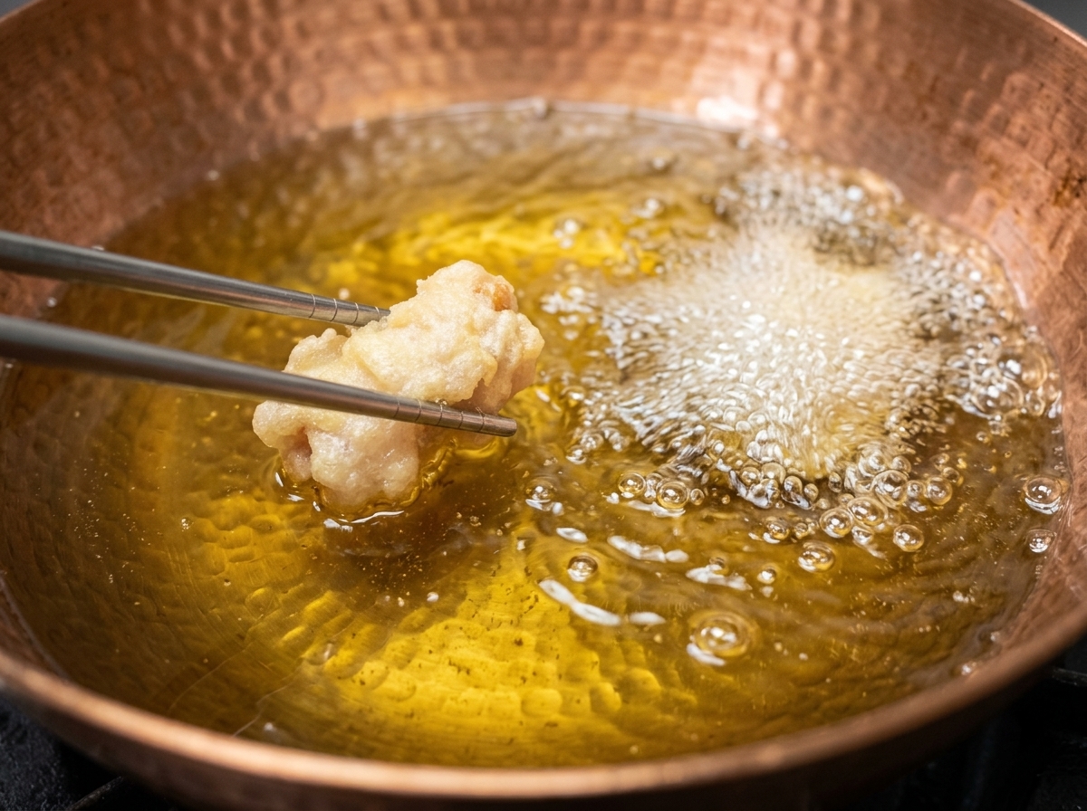 Black-coated chicken pieces being deep-fried in bubbling hot oil in a copper pot, held by metal chopsticks.