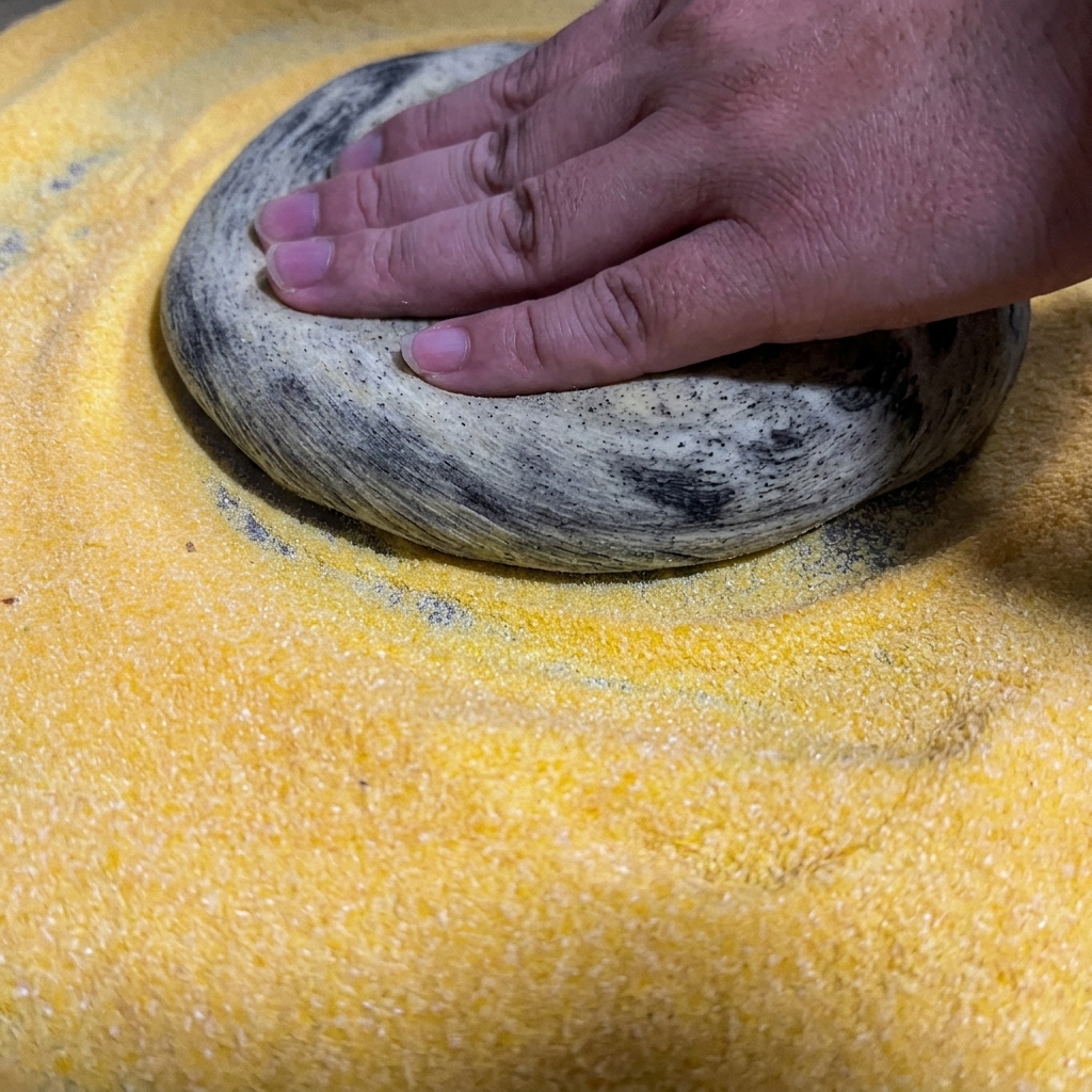 A hand gently pressing a round, charcoal-colored pizza dough onto a thick bed of bright yellow cornmeal.