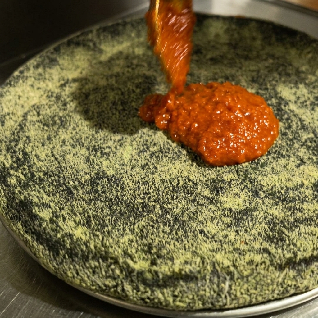 Red pizza sauce being spread evenly onto a textured black pizza crust with the back of a spoon.