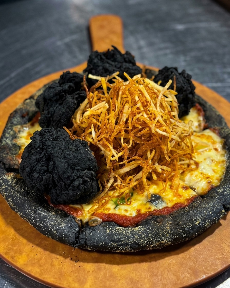 A baked black pizza crust topped with melted cheese, featuring a tall center mound of golden potato shreds surrounded by large pieces of blackened fried chicken.