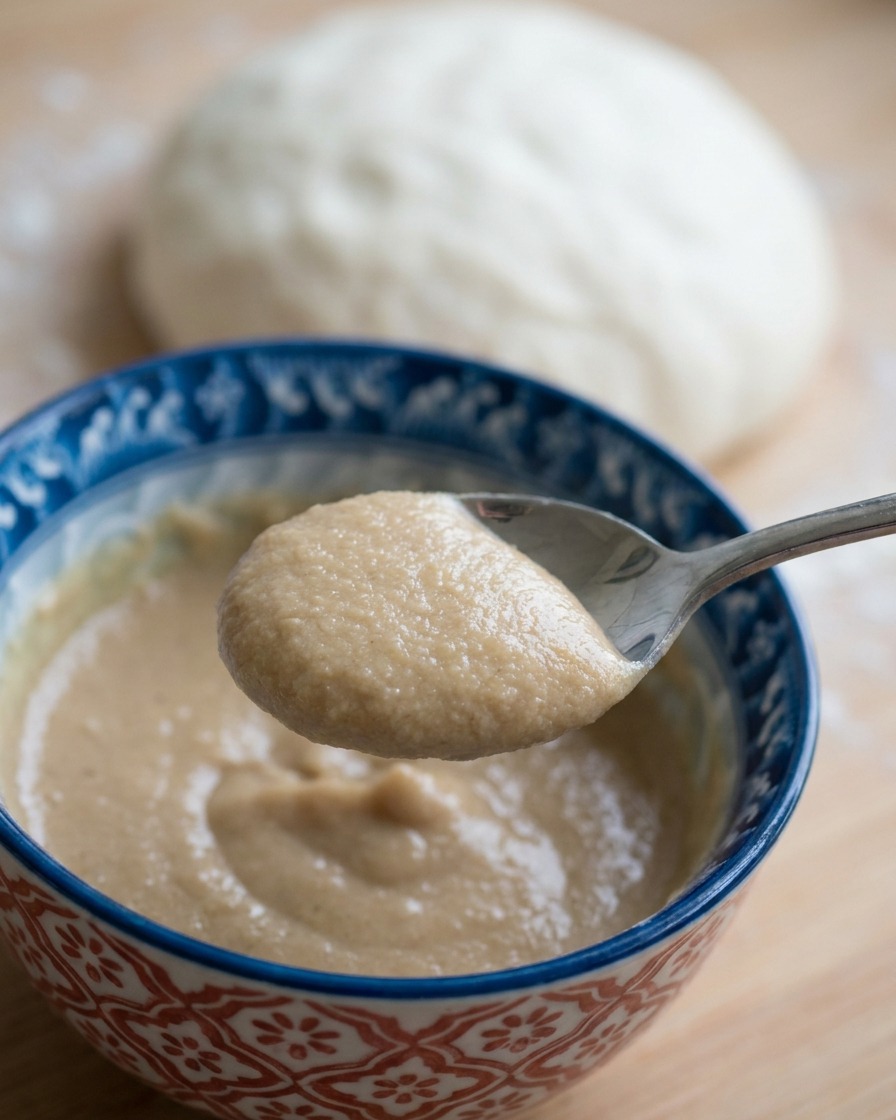 A spoonful of light brown truffle cream sauce held above a bowl with pizza dough in the background.