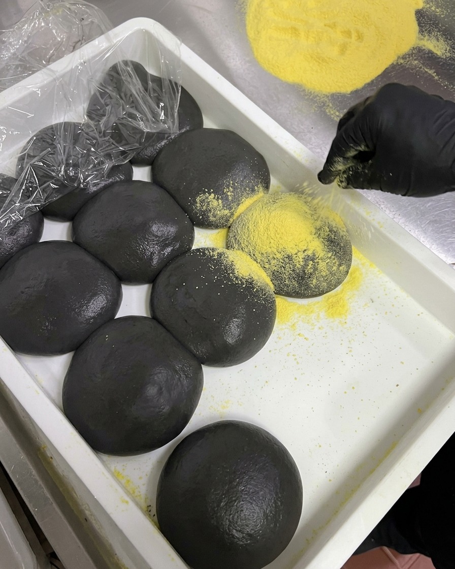 Black squid ink dough balls in a white tray being dusted with yellow powder.