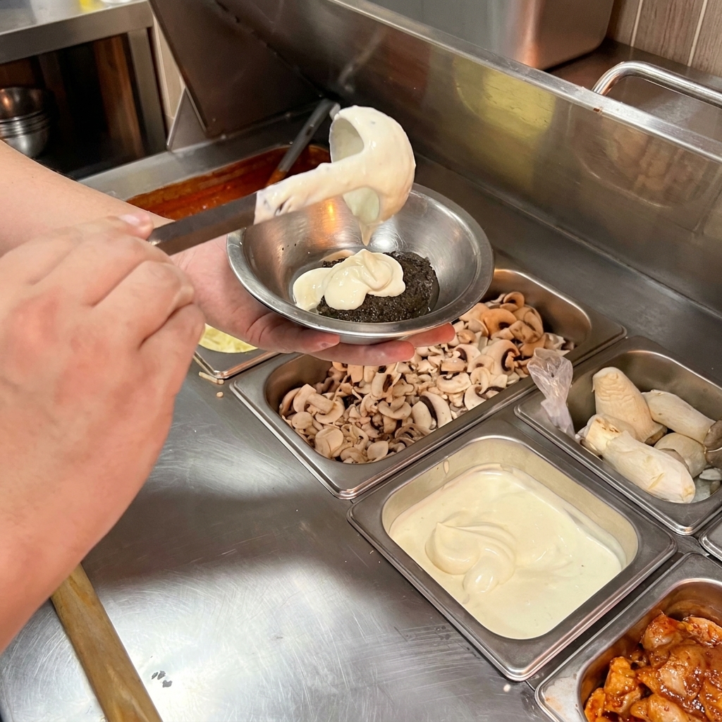 A hand holding a ladle and mixing creamy white sauce into a dark black truffle paste inside a small stainless steel bowl.