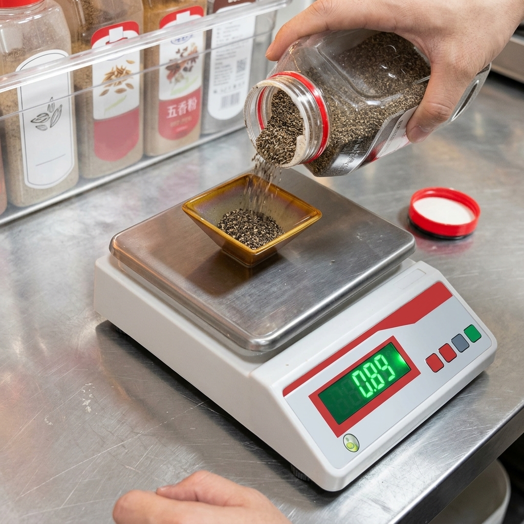 Coarse black pepper being poured from a large container into a small dish on a digital scale.