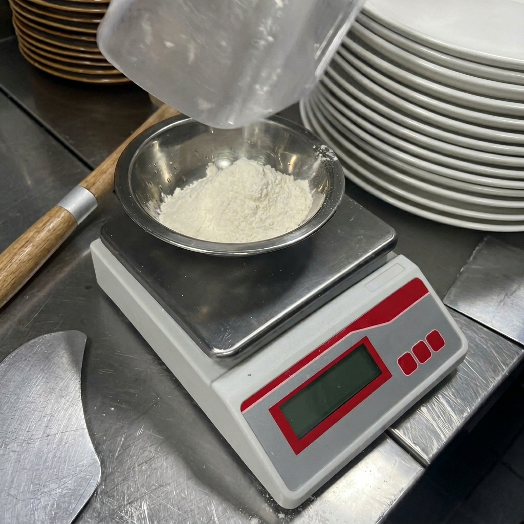 White flour falling from a clear plastic container into a stainless steel bowl sitting on a digital scale.