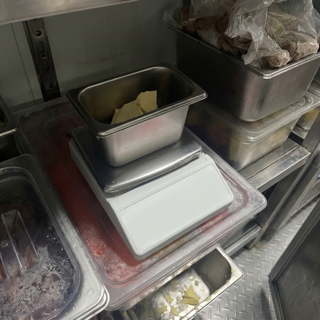 Several chunks of pale yellow butter sitting inside a stainless steel pan on top of a digital scale.