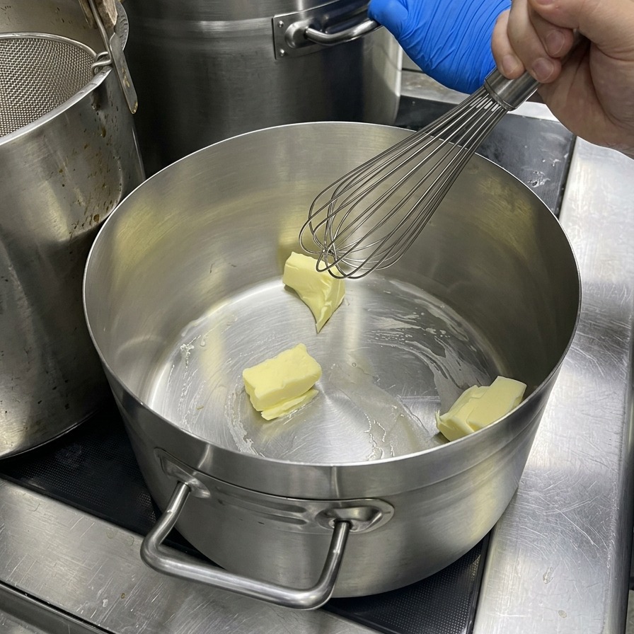 A gloved hand whisking melting pieces of butter inside a large stainless steel pot.