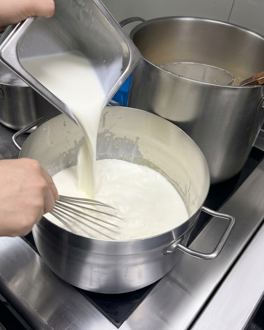Milk and cream being poured from a metal container into a pot while being continuously whisked.