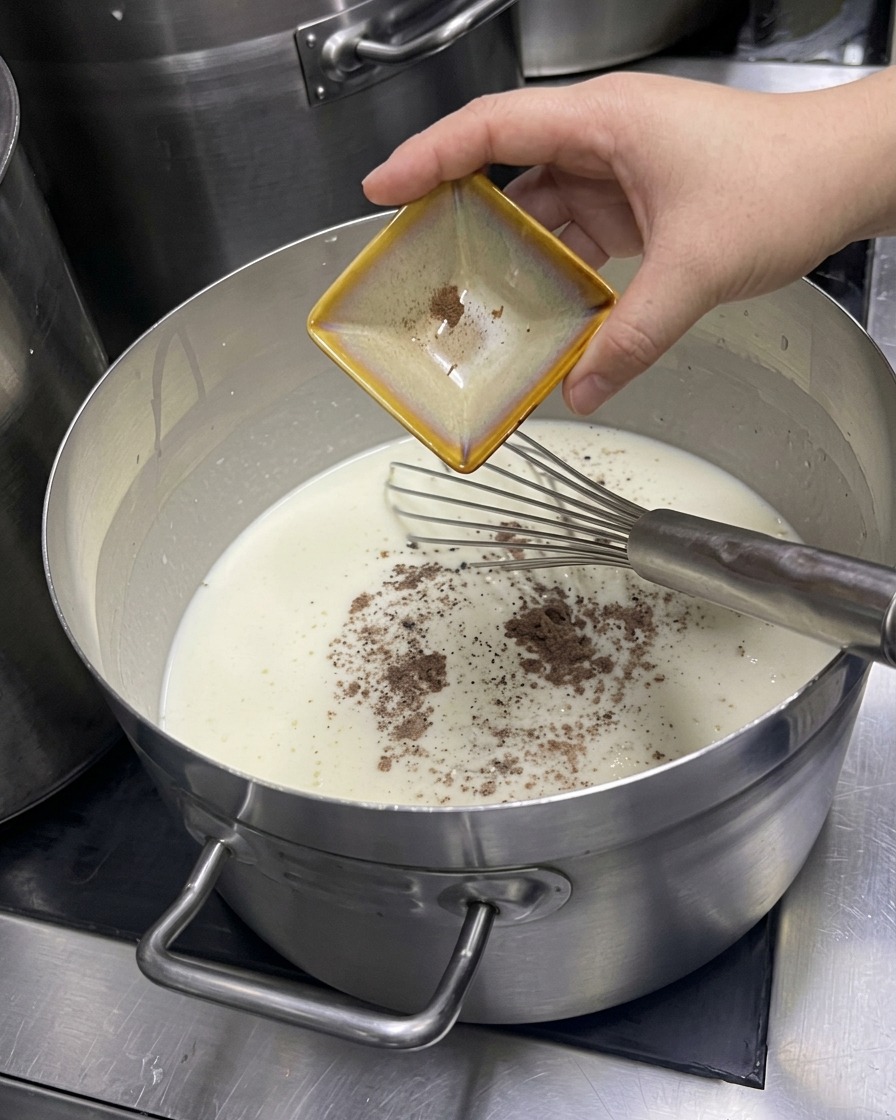 A hand pouring spices from a small square dish into a large pot of creamy white liquid.