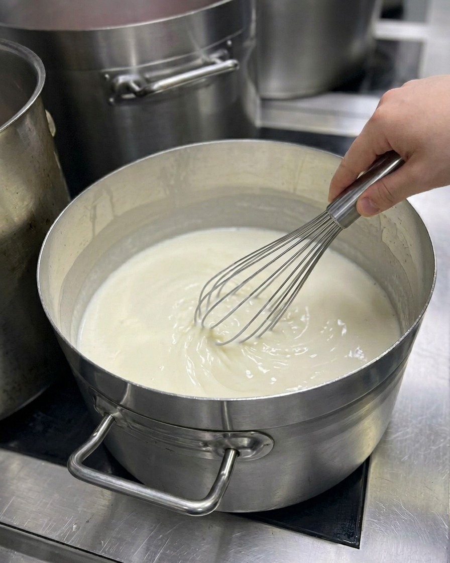 A hand whisking a smooth, thickened white sauce inside a metal pot.