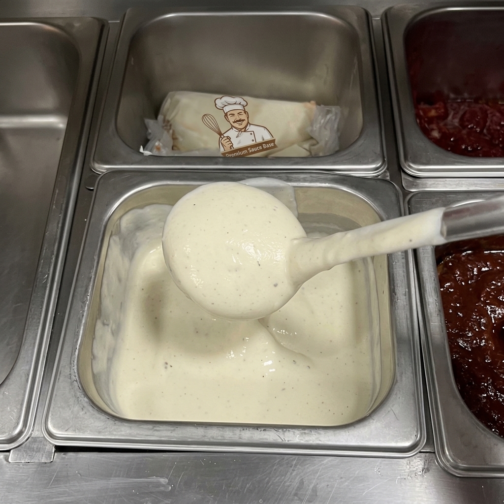 A ladle lifting a thick, creamy white sauce out of a metal prep container.