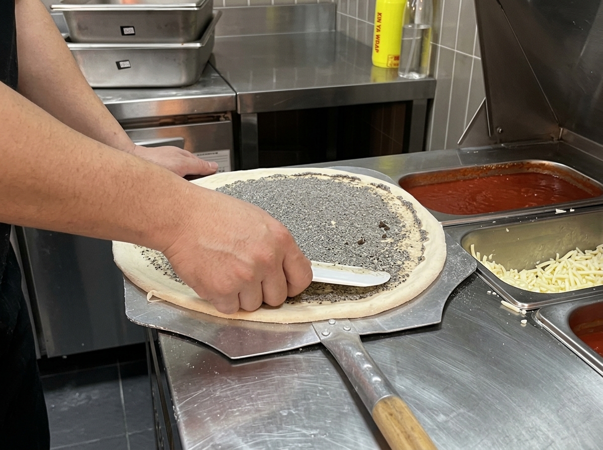 Hands using a white plastic scraper to spread dark grey truffle sauce uniformly across a round raw pizza dough on a stainless steel prep counter.