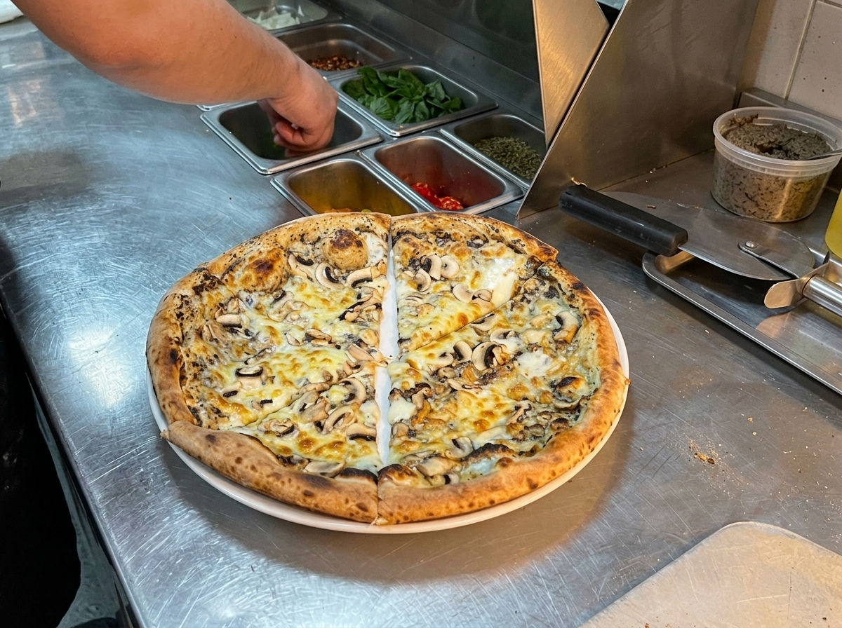 A freshly baked and sliced mushroom truffle pizza resting on a metal prep counter, with a chefs hand in the background reaching for fresh basil leaves to garnish.