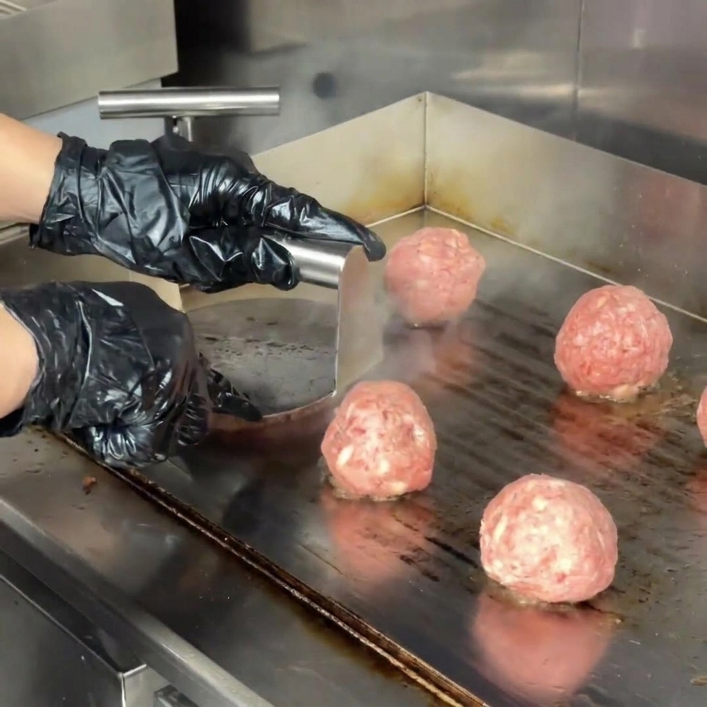 Hands wearing black gloves using a round metal burger press to flatten a ball of ground beef on a hot commercial flat top griddle.