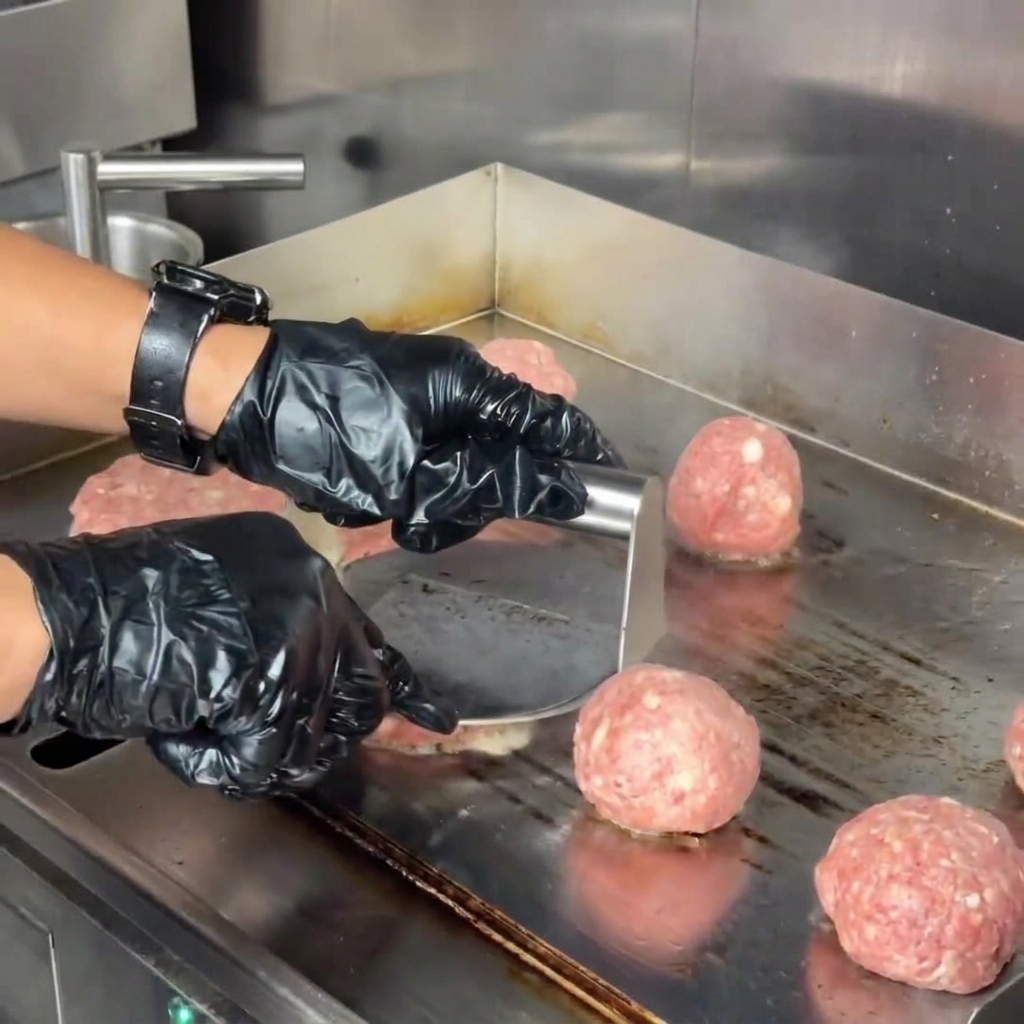 A person in black gloves using a circular metal press to flatten raw beef balls on a griddle with steam rising.