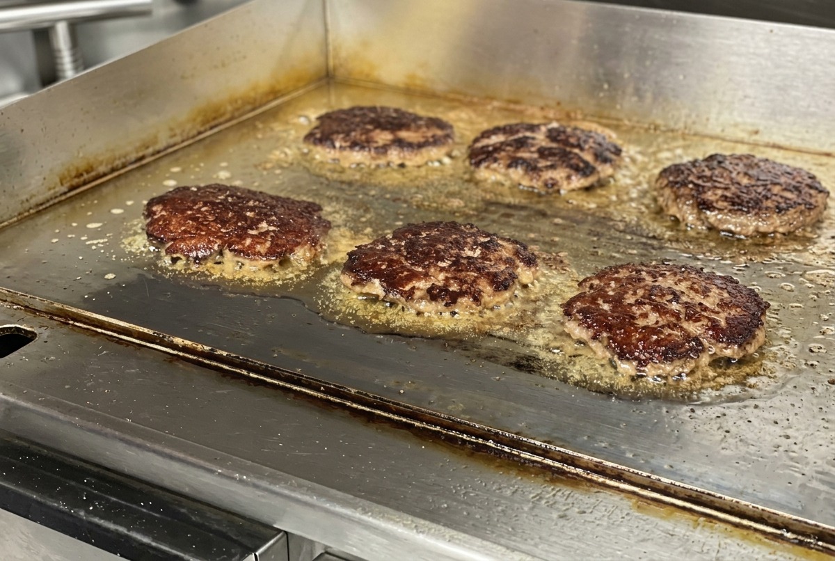 Several beef patties flipped over on a griddle, showing a dark brown, crispy seared crust bubbling in their own fat.