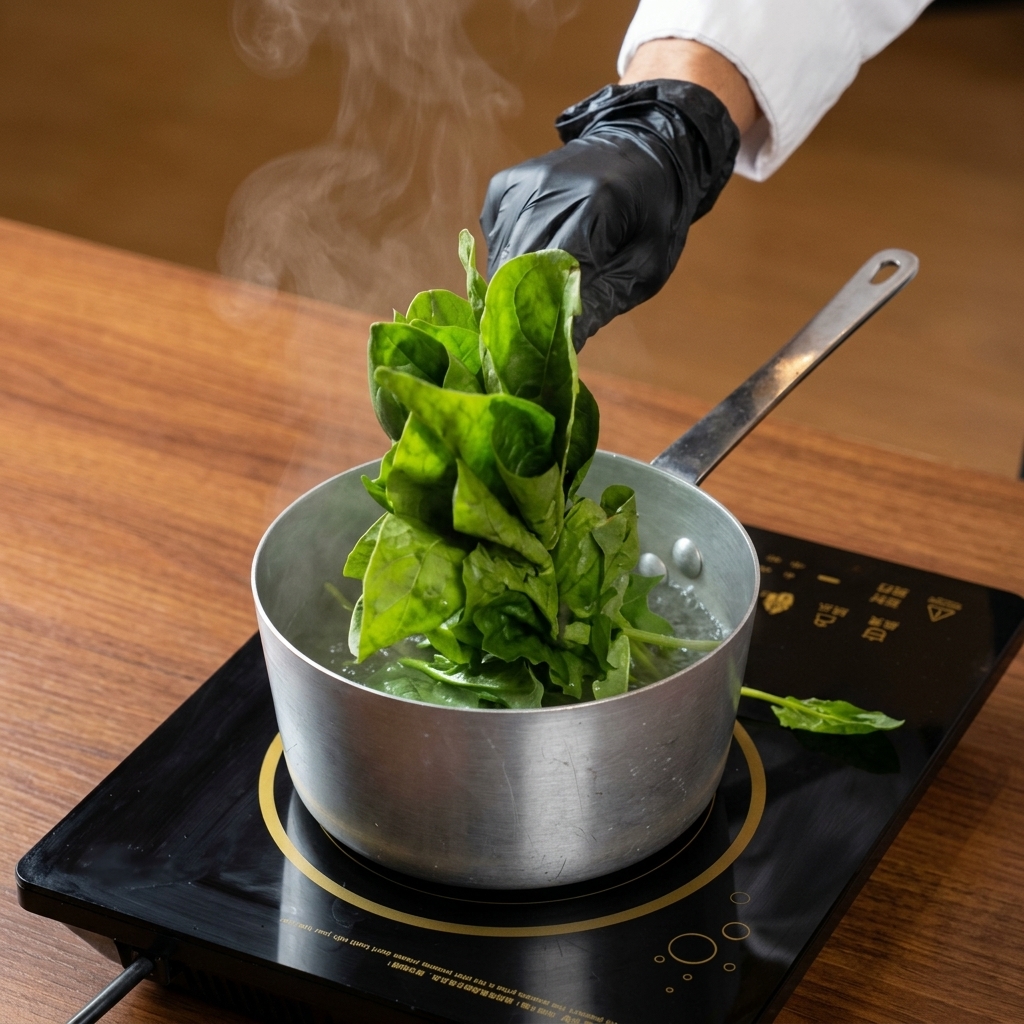 A black-gloved hand placing a bunch of fresh, raw spinach leaves into a pot of simmering water.
