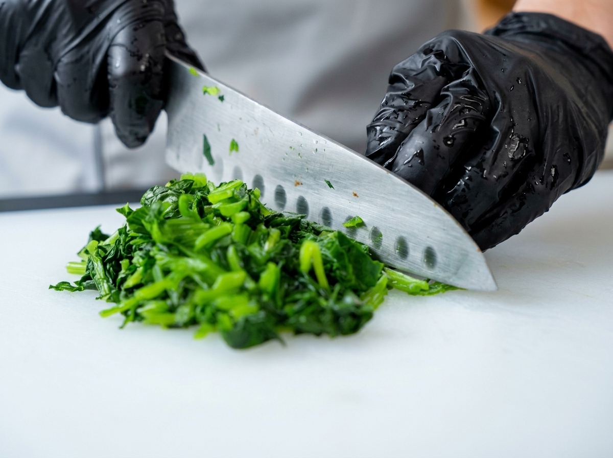 Gloved hands using a chefs knife to finely chop cooked spinach on a white cutting board.