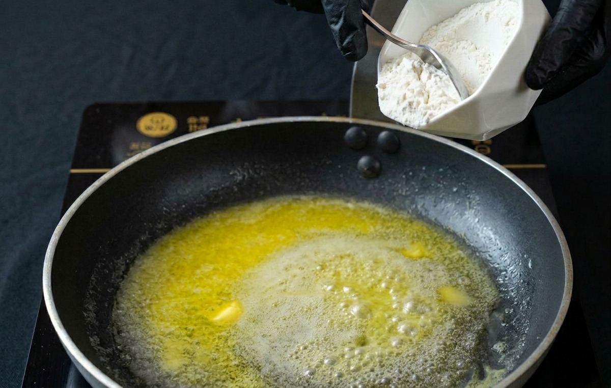 A gloved hand pouring white flour from a small geometric bowl into melted butter in a hot frying pan.