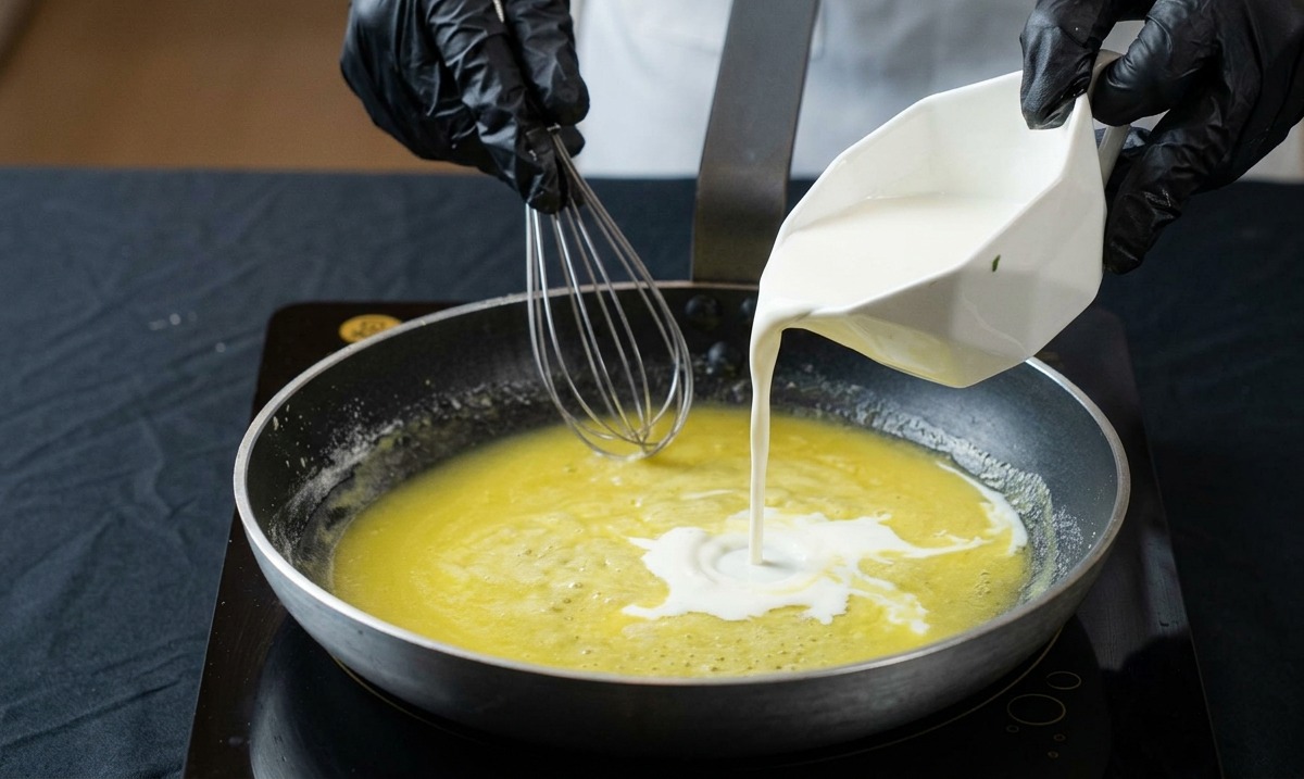 Pouring milk from a white pitcher into a hot pan with a bubbling butter and flour mixture, while stirring with a wire whisk.
