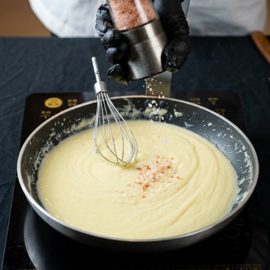 Hands wearing black gloves using a grinder to add pink sea salt into a creamy white sauce simmering in a pan.