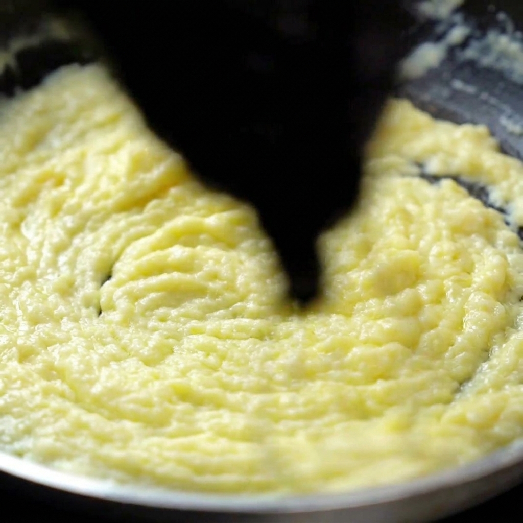 A thick, simmering, yellowish-white cream sauce being stirred with a black spatula in a pan.