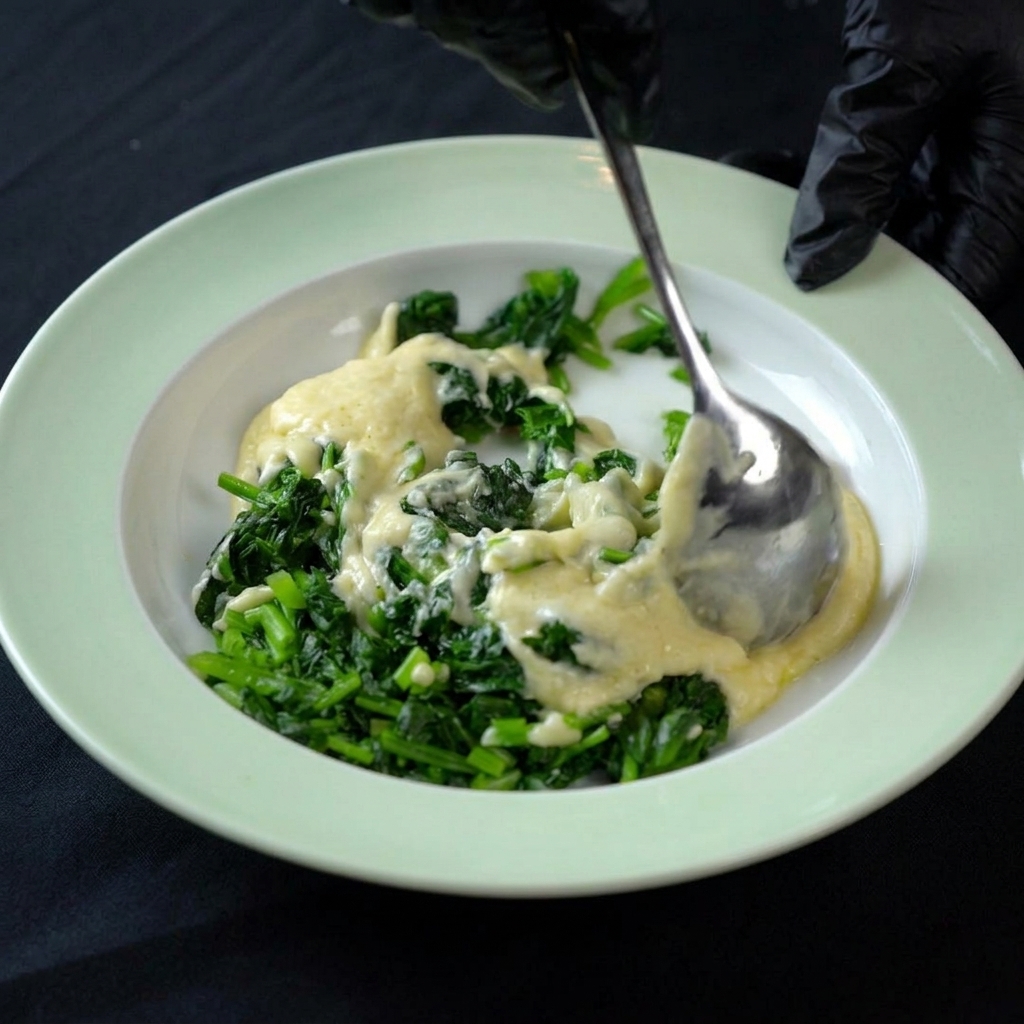 Mixing chopped spinach and white sauce together in a light green shallow dish.