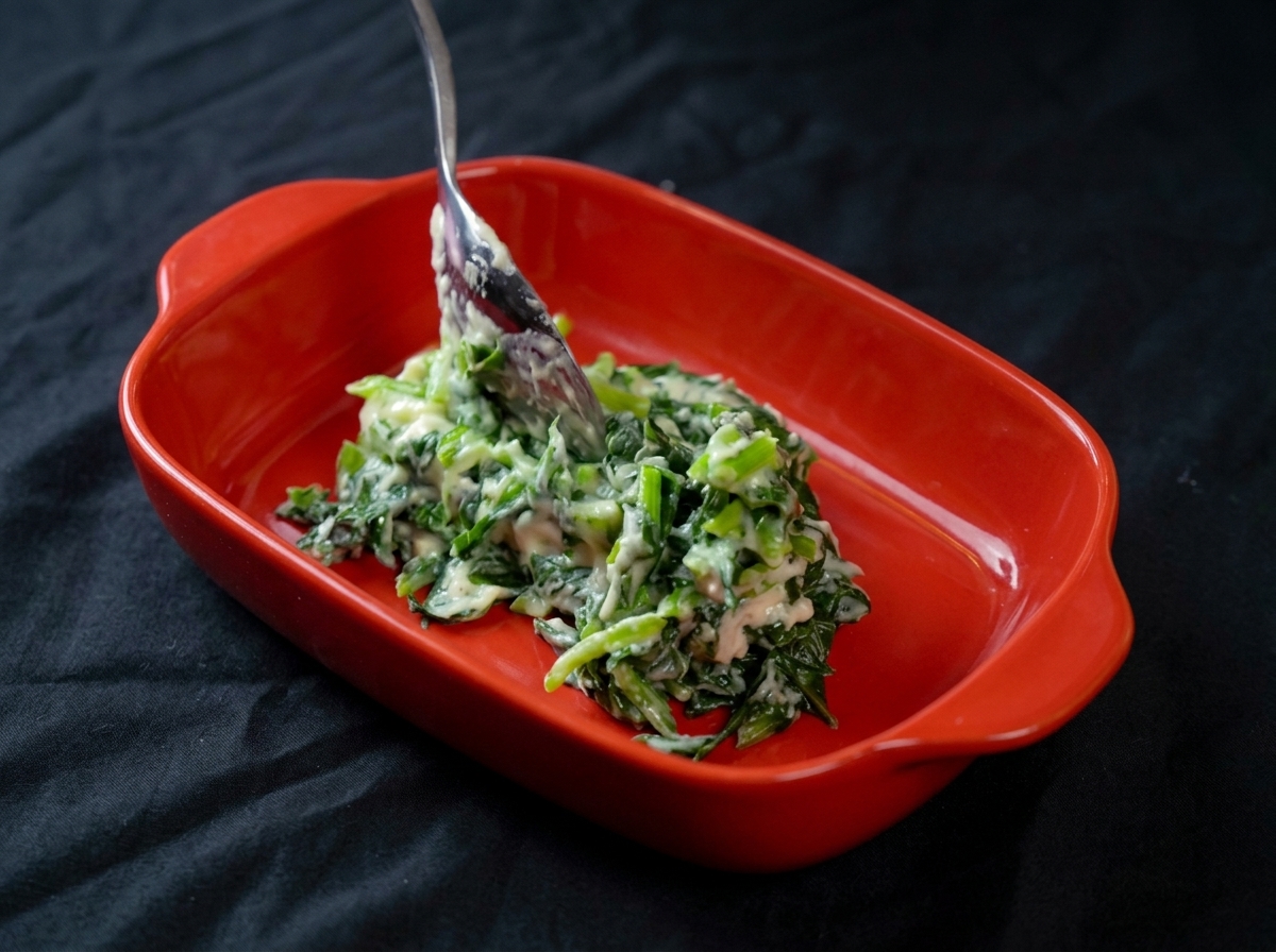 Spooning the creamy spinach mixture into a bright red rectangular ceramic baking dish.