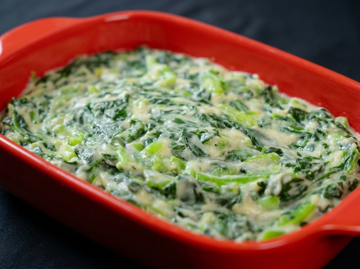 The creamy spinach mixture flattened evenly inside a bright red baking dish.