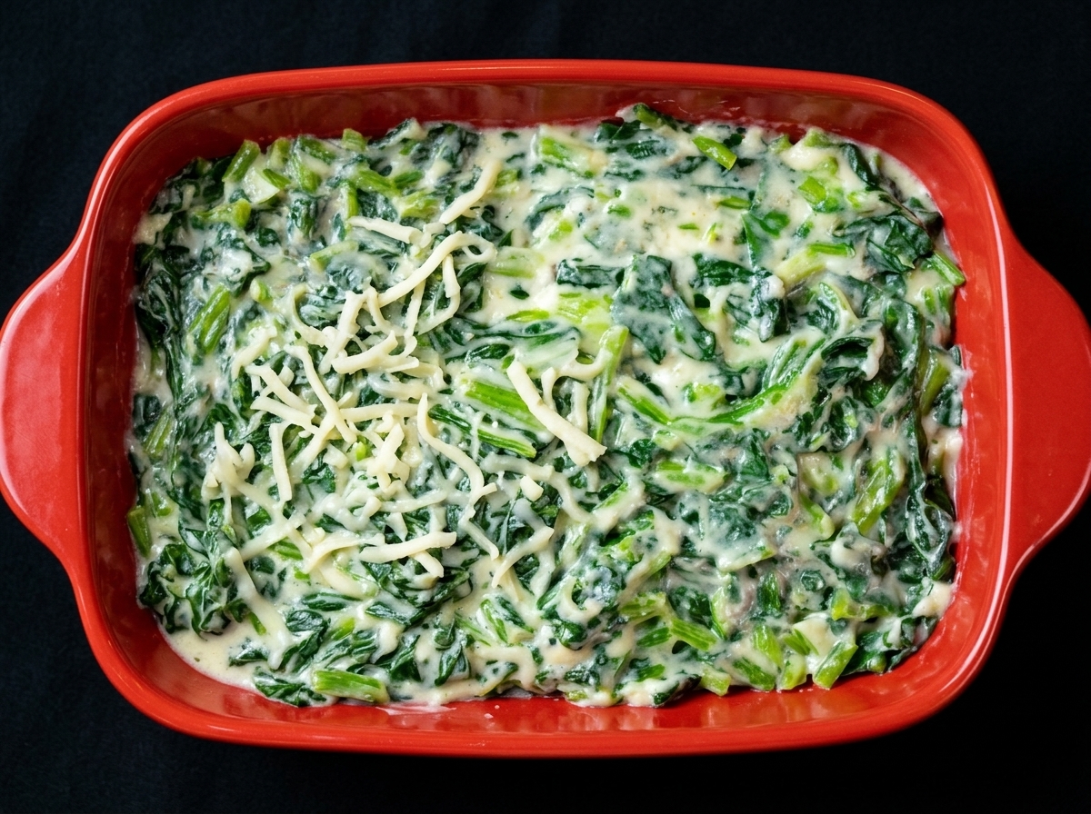 Shredded mozzarella cheese sprinkled over the creamy spinach mixture in a red dish.