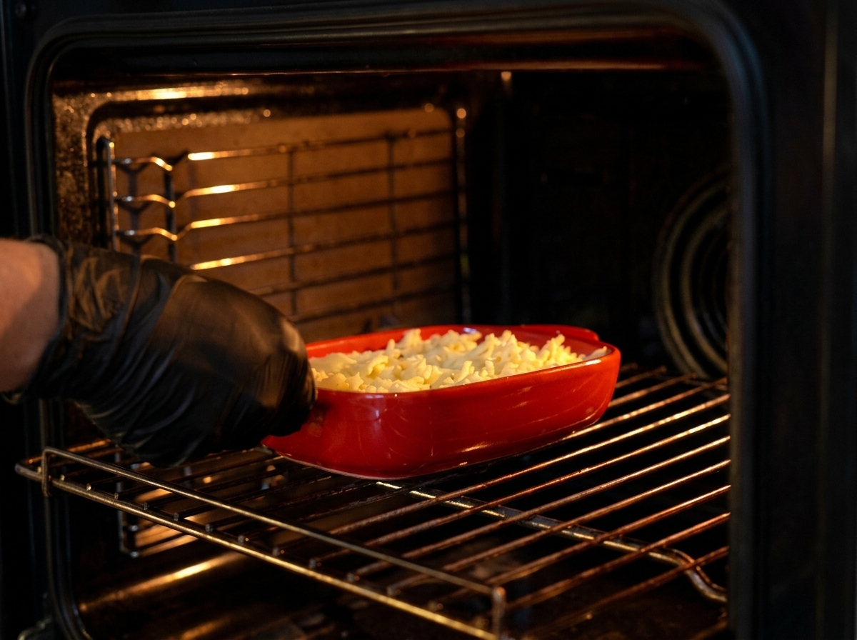Gloved hands placing the red baking dish topped with cheese into a preheated oven.