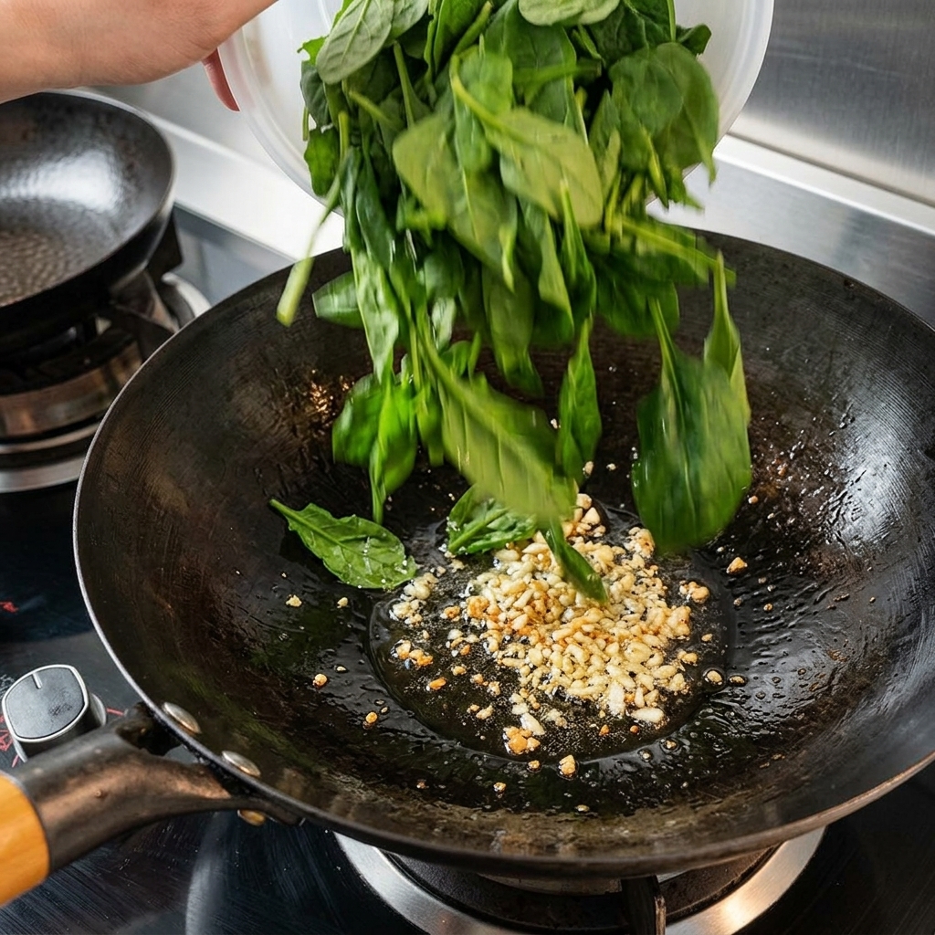 Freshly chopped spinach falling from a bowl into a hot wok containing sizzling minced garlic and cooking oil.