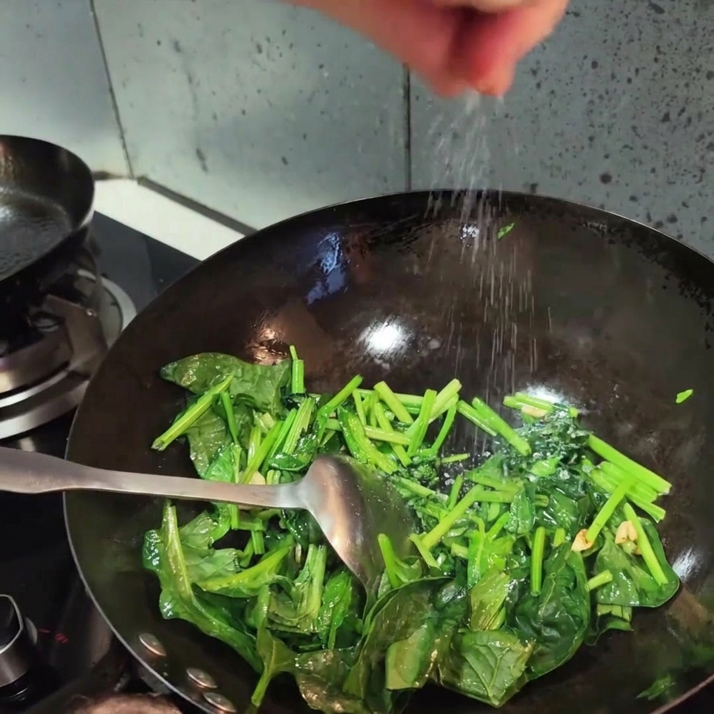 A hand sprinkling salt from above into a wok filled with vibrant green sautéed spinach.