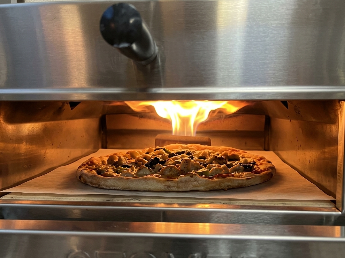 Spinach and cheese pizza baking inside a high-heat tabletop oven with visible flames.