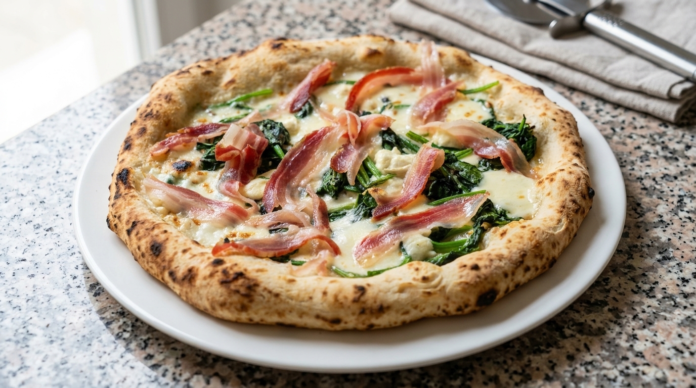 Artisanal Spinach and Pancetta Pizza