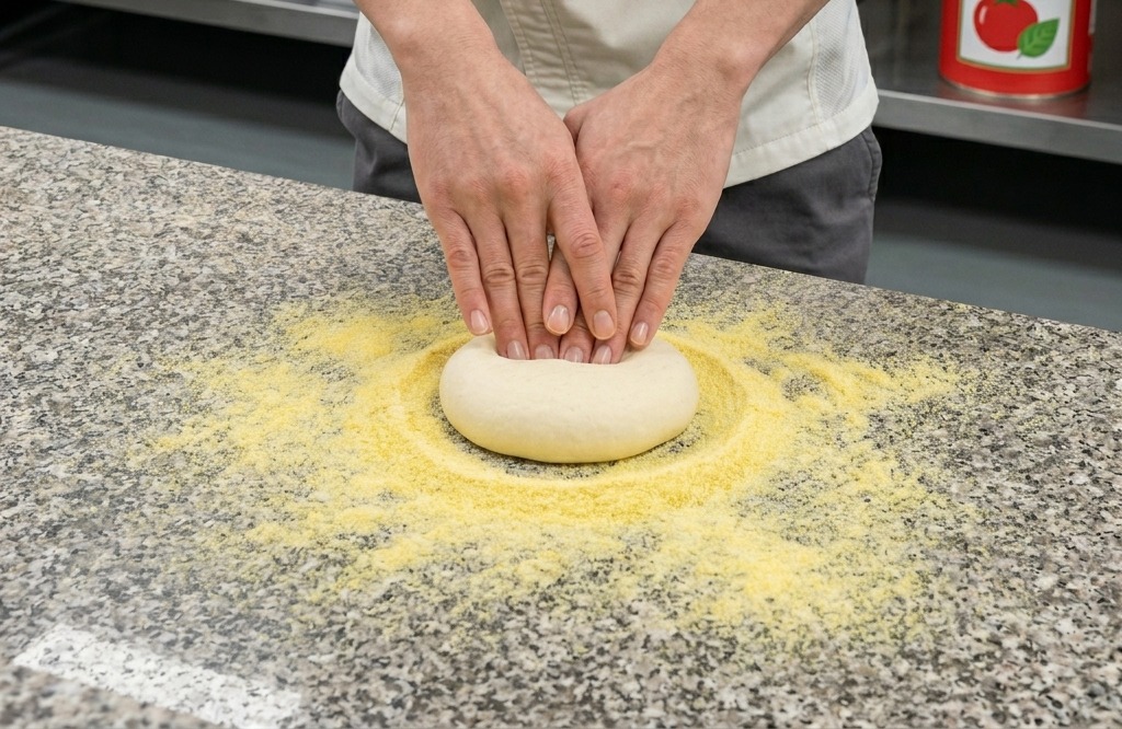 A chefs hands pressing and shaping a round pizza dough on a countertop dusted with yellow cornmeal.