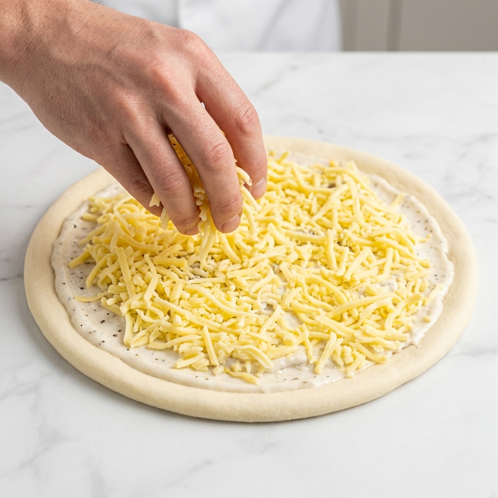 A hand sprinkling shredded yellow mozzarella cheese evenly over a pizza dough covered with white cream sauce.