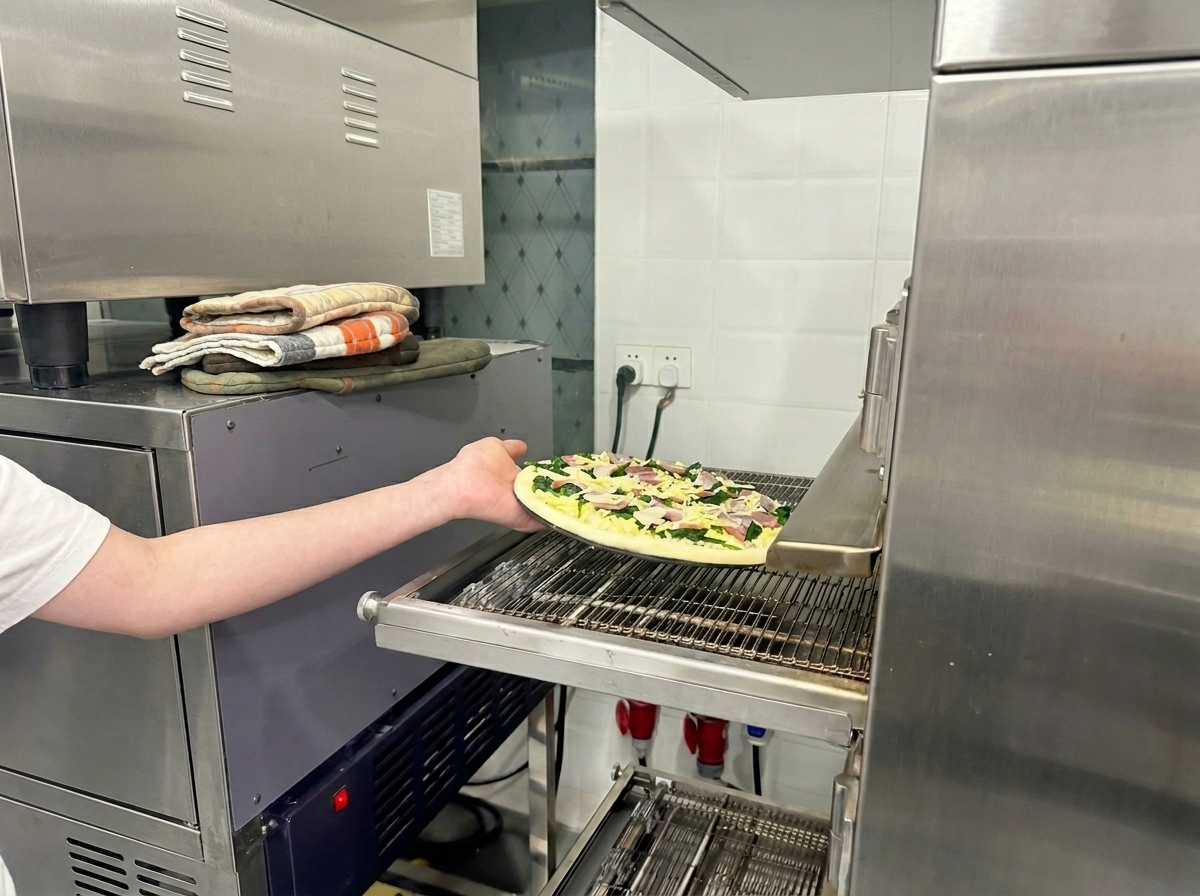 A persons arm placing an uncooked spinach and bacon pizza onto the metal conveyor belt of a commercial pizza oven.