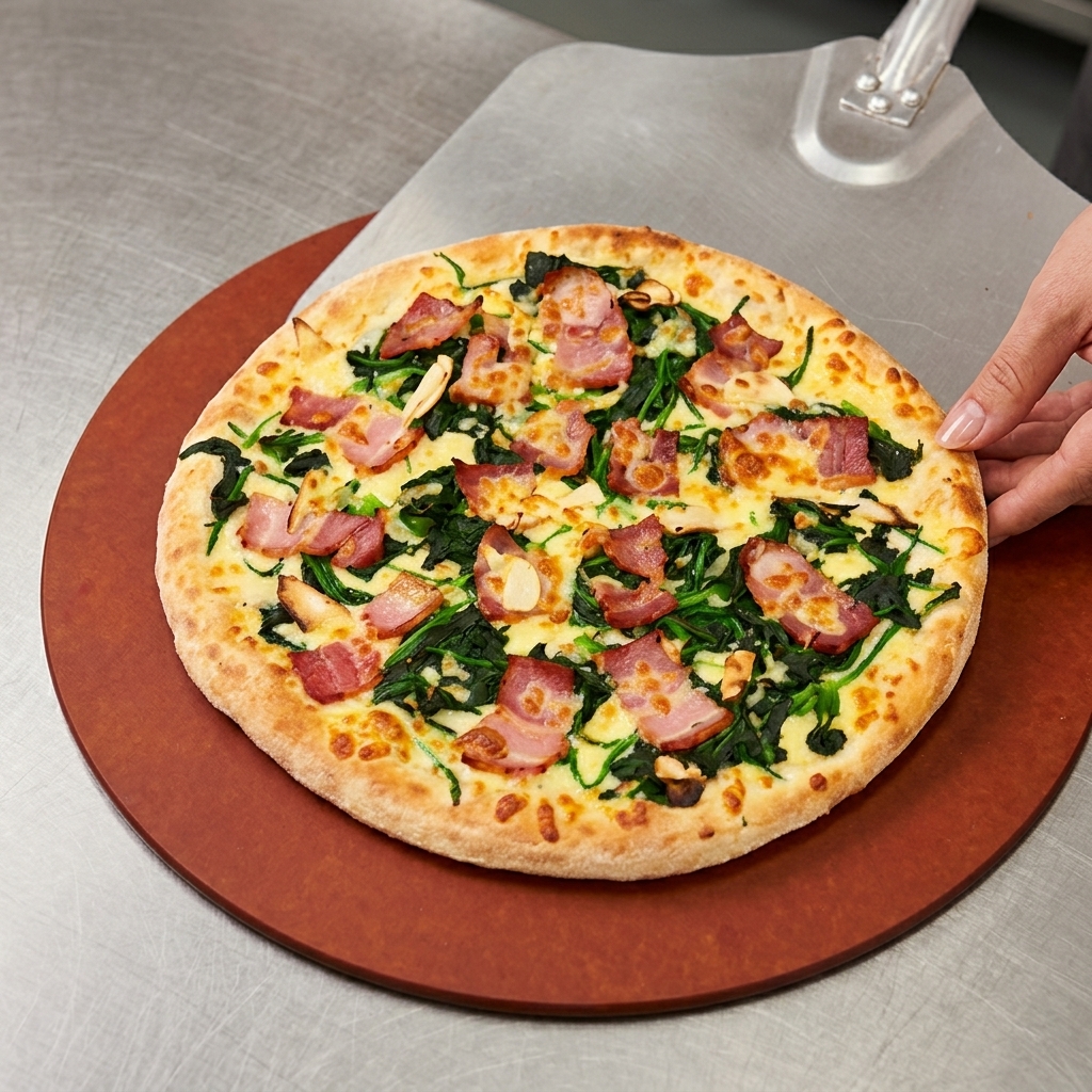 A freshly baked pizza with a golden crust, wilted spinach, and cooked bacon being retrieved on a large metal pizza peel.