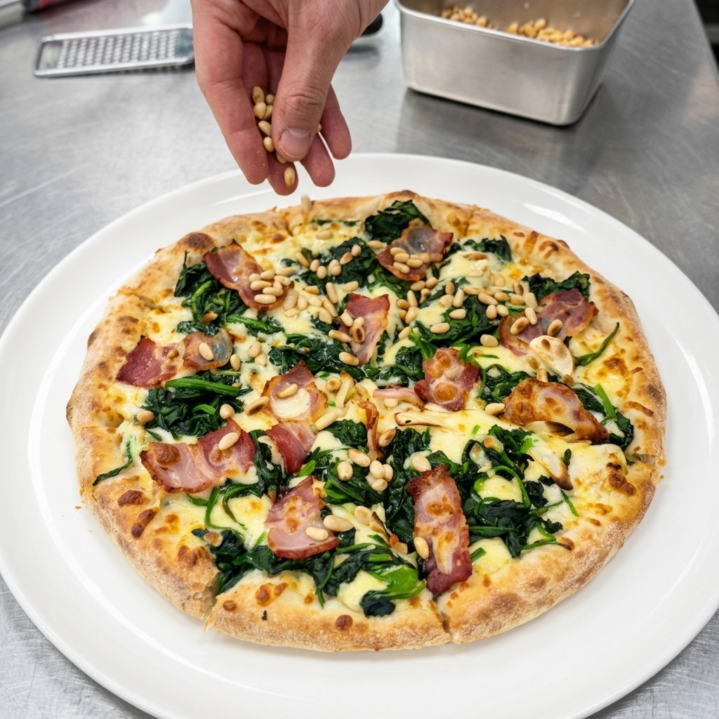 A hand sprinkling toasted pine nuts over a freshly baked and sliced spinach and bacon pizza.